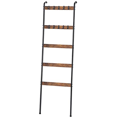 OUSHENG Blanket Ladder, 5 Tier Blanket Holder with 10 Removable Hooks, Farmhouse Style Blanket Ladder for Living Room Bathroom, Decorative Wall Mounted Wooden Quilt Standing Towel Drying Storage Rack