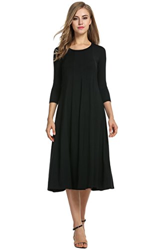 HOTOUCH Women's 3/4 Sleeve Casual Loose Solid Midi T-Shirt Dress (Black XL)