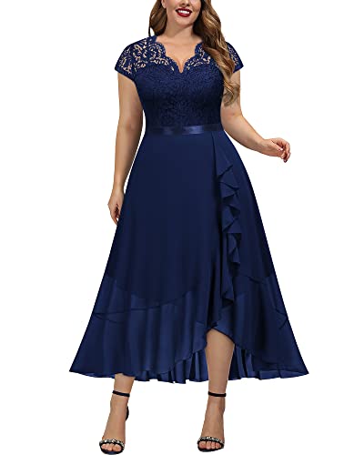 Miusol Women's Plus Size V Neck Elegant Floral Lace Ruffle Bridesmaid Maxi Dress Navy Blue