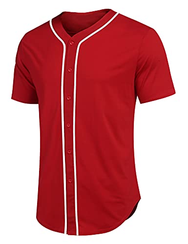 COOFANDY Mens Baseball Jersey Button Down Shirts Sports Hipster Hip Hop Uniforms Men Women Jersey (Red,Large)