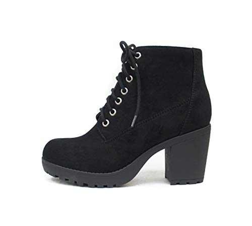 Soda Second Lug Sole Chunky Heel Combat Ankle Boot Lace up w/Side Zipper (7.5, Black Imitation Suede)