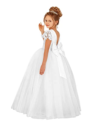 JISISANG Long Flower Girl Lace Sequin Dress for Weddings Tulle Round Neck First Communion Dresses Formal Big Girl Pegeant Dance Gown White 08