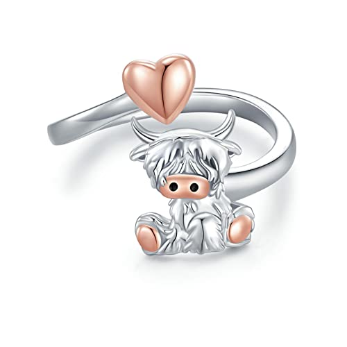 Yorionke Highland Cow Open Ring 925 Sterling Silver Adjustable Cute Cow Open Rings with Loving Heart Cow Jewelry Gift for Women Girls