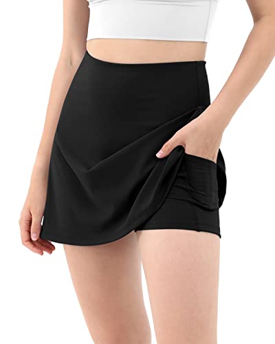 ODODOS Women's High Waisted Tennis Skirts with Pockets Built-in Shorts Golf Skorts for Athletic Sports Running Gym Training, Black, Medium