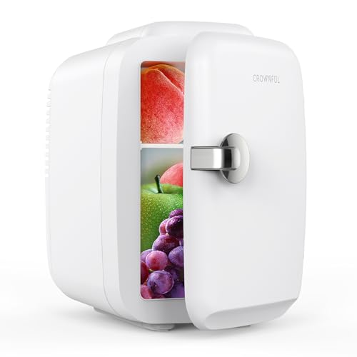 CROWNFUL Mini Fridge, 4 Liter/6 Can Portable Cooler and Warmer Personal Refrigerator for Skin Care, Cosmetics, Beverage, Food,Great for Bedroom, Office, Car, Dorm, ETL Listed (White)