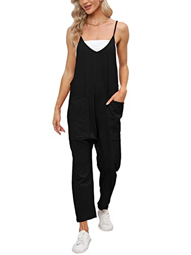 DEEP SELF Jumpsuits for Women, Wide Leg Summer Casual Spaghetti Strap Deep V Neck Overalls with Pockets (Small, Black)
