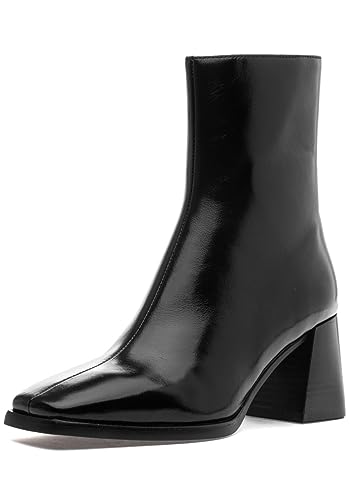 Jeffrey Campbell Sherpal Black Leather Square Toe Block Heel Fashion Ankle Boots (Black, 9)