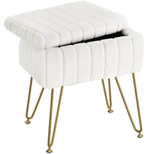 Greenstell Vanity Stool Chair Faux Fur with Storage, 15.7'L x 11.8'W x 19.4'H Soft Ottoman 4 Metal Legs with Anti-Slip Feet, Furry Padded Seat, Modern Multifunctional Chairs for Makeup, Bedroom White