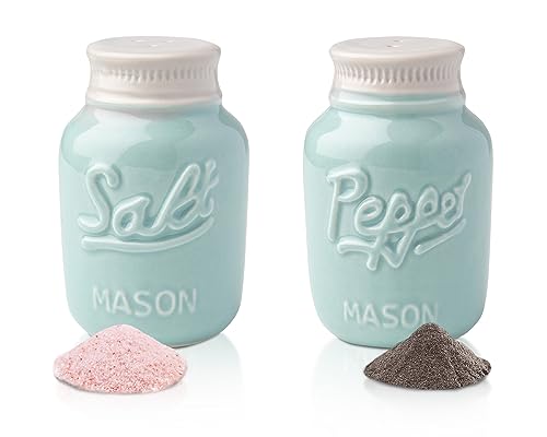 Vintage Mason Jar Salt & Pepper Shakers by Comfify - Adorable Decorative Mason Jar Decor for Vintage, Rustic, Shabby Chic - Sturdy Ceramic in Aqua Blue - 3.5 oz. Cap.