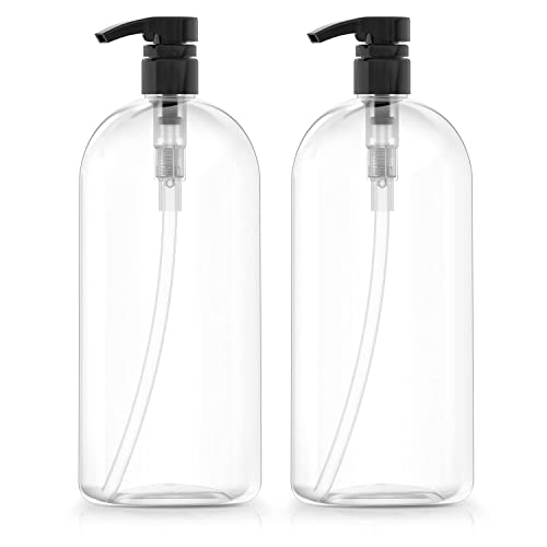Bar5F Empty Shampoo Bottles with Pumps (2-Pack 32oz/1Liter/Large) BPA-Free PETE1 Plastic Oval Bottle Crystal-Clear