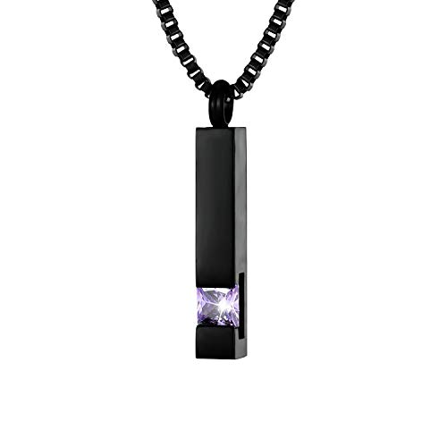 Black Square Zircon Bar Cremation Urn Necklace for Ashes Memorial Pendant stainless steel Jewelry(Light Purple)