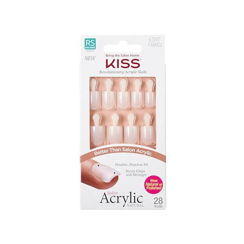 KISS Salon Acrylic Natural Press On Nails, Nail glue included, 'Rare', Nude, Short Size, Squoval Shape, Includes 28 Nails, 2g Glue, 1 Manicure Stick, 1 Mini File