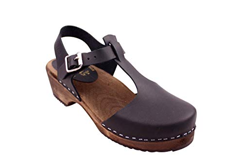 Lotta From Stockholm Swedish Low Heel T-Bar Sandal Clog I Women's Low Wood Clog Shoes with Brown Base I Alder Wooden Base with a Pronounced Arch Support I Full Grain Black Leather I Size US 6 EUR 36