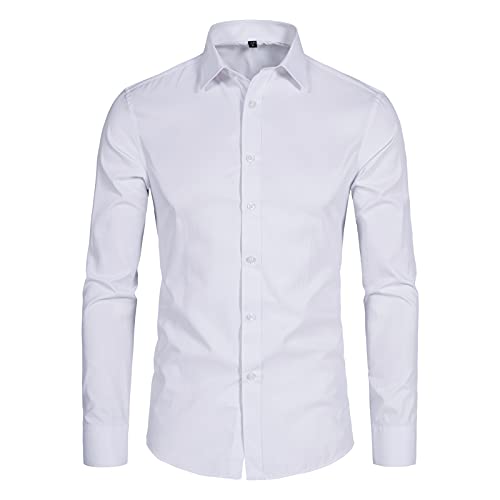 DELCARINO Men's Long Sleeve Button Up Shirts Solid Slim Fit Casual Business Formal Dress Shirt White X-Small
