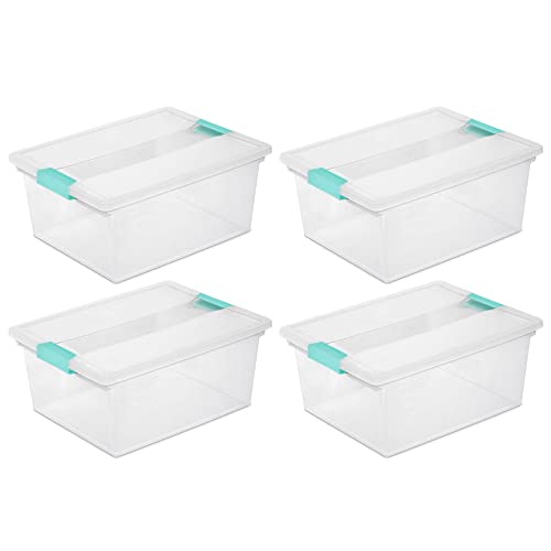 Sterilite Deep Clip Box, Stackable Small Storage Bin with Latching Lid, Plastic Container to Organize Paper, Office, Home, Clear Base and Lid, 4-Pack