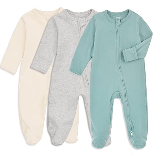 Aablexema Baby Footie Pajamas with Mitten Cuffs, Double Zipper Infant Cotton clothes Sleeper Pjs, Footed Sleep Play (0-3m, Ivory & Grey & Blue)