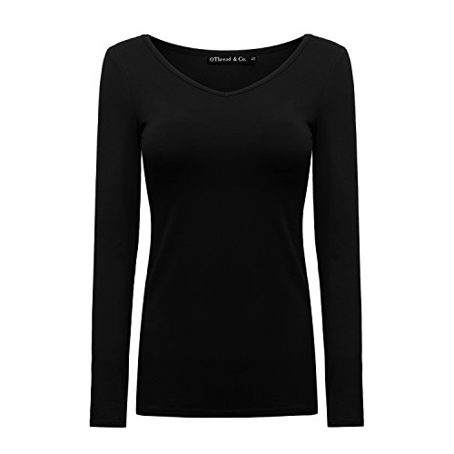 OThread & Co. Women's Long Sleeve T-Shirt V-Neck Basic Layer Stretchy Shirts (Small, Black)