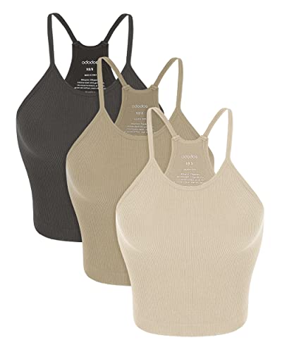 ODODOS Women's 3-Pack Seamless Cami Tops Ribbed Camisole Tank Top, Mushroom Taupe Charcoal, Medium/Large
