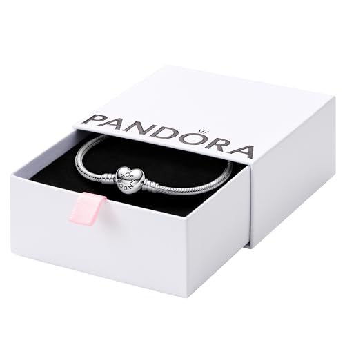 PANDORA Moments Heart Clasp Snake Chain Bracelet - Sterling Silver Charm Bracelet - Compatible with PANDORA Moments Charms - Sterling Silver - Comes with Gift Box - 7.1'