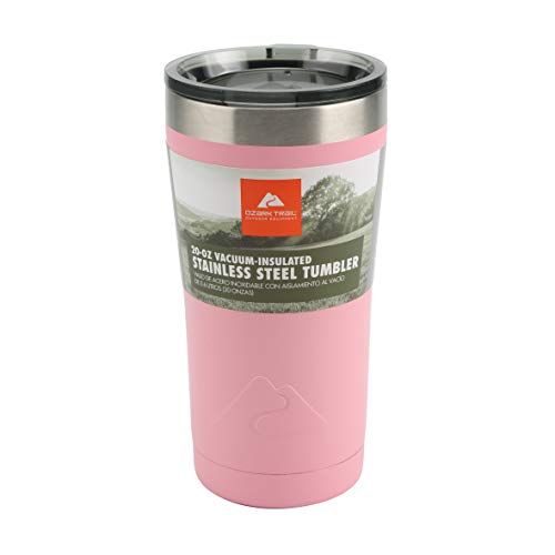 Ozark Trail Insulated Double Wall Stainless Steel 20 Ounce Pink Tumbler Cup Cold/Hot Drinks Locking Leakproof Lid Anti-Skid Bottom Sweat-Free Design