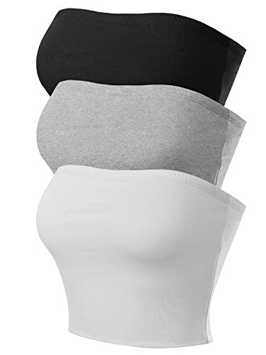 MixMatchy Women's Casual Strapless Basic Sexy Tube Top 3PACK - Black/H.Grey/White S