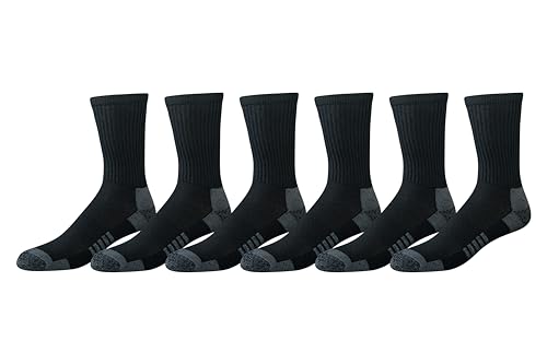 Amazon Essentials Men's Performance Cotton Cushioned Athletic Crew Socks, 6 Pairs, Black, 12-14