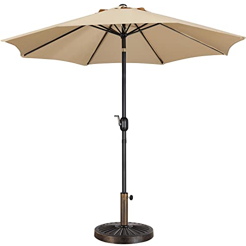 Yaheetech 9FT Garden Table Umbrella with 30lb Base, Patio Market Umbrella with Push Button Tilt, Crank and 8 Sturdy Ribs, Outdoor Umbrella w/Base Included Heavy Duty - Tan