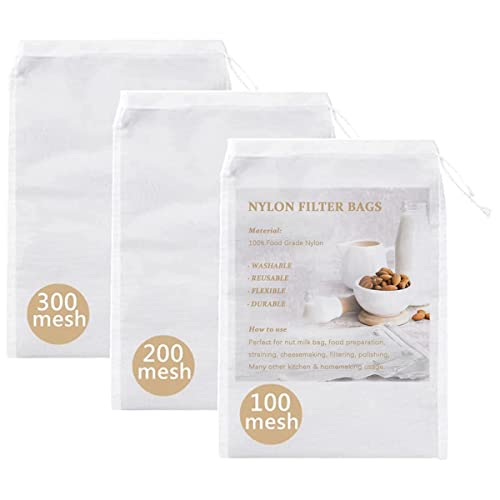 3 Pcs Nut Milk Bags, 150/75/48 Micron Reusable Nylon Food Strainers Bags Multi-use Food Grade Soy Milk Filter Bags, Yogurt Milk Wine Brew Coffee Filters Bag Strainers Filtration (6'x8')