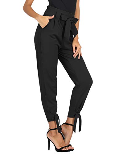 GRACE KARIN Women's Elastic Waist Comfy Bow Tie Hem Crop Skinny Pants with Pockets Black S