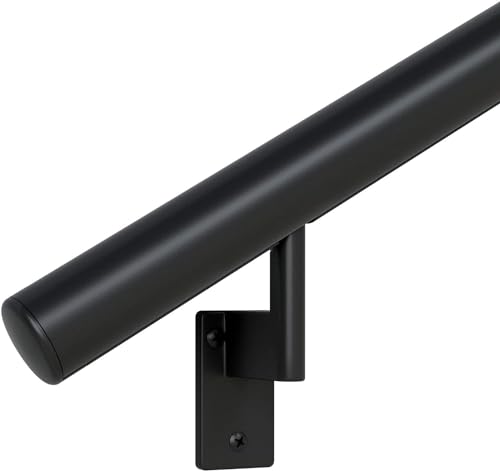 Promenaid 4ft Flush Handrail Kit - Black - Complete Indoor/Outdoor Handrail for Stairs - 1.6' Round Anodized Aluminum Railing with 3 Satin Black Painted Pivoting Wall Brackets & Flush Endcaps