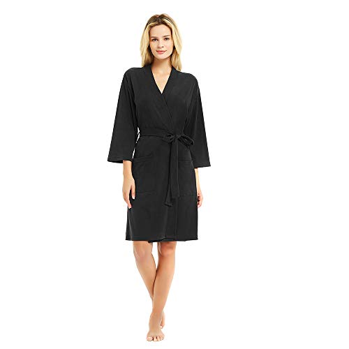 U2SKIIN Womens Robes, 100% Cotton Lightweight Robes 3/4 Sleeves Kimono Knit Soft Loungewear Short Bathrobe(Black,L)