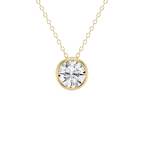 3/4 Carat Lab Grown Diamond Round Brilliant Cut Bezel Set Pendant Necklace (F-G, VS, cttw) Certified Solitaire in 14k Solid Gold 18-inch Cable Chain Lobster Clasp (Yellow Gold, 0.75)