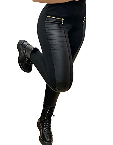 Flamingals Faux Leather Leggings for Women Mid Waisted Stretchy Patch Zip Lightweight Summer Yoga Pants Black