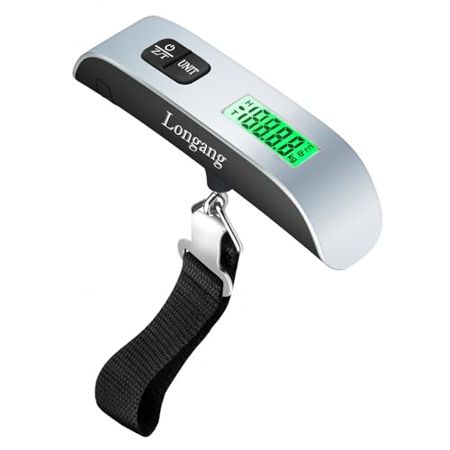 Longang 110 Lbs Digital Hanging Luggage Scale with Backlit for Travel, Rubber Paint Handle and Battery Included, Silver