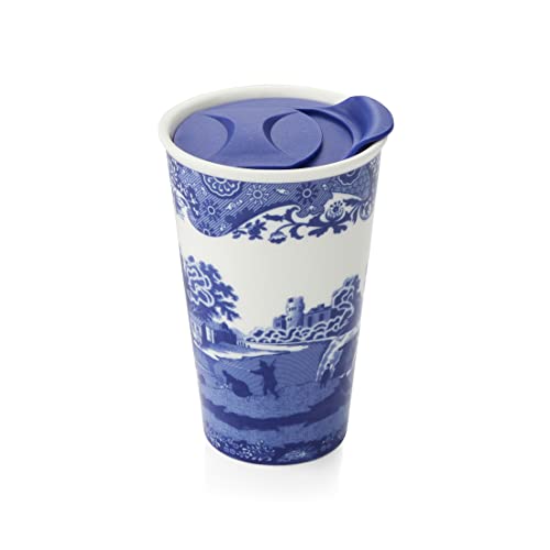 Spode Blue Italian Travel Mug | Made of Porcelain | Travel Tumbler for Coffee and Tea | Hot Water Cup | Dishwasher and Microwave Safe (8 oz)