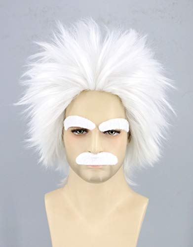 Topcosplay Mad Scientist Wig and Moustache Eyebrows Short White Halloween Costume Cosplay Wigs