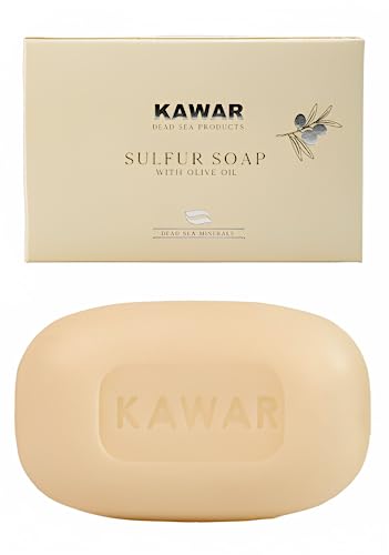 KAWAR Dead Sea Sulfur Soap with Olive Oil, Relief Skin Conditions Such as Acne, Psoriasis, Eczema & Blackheads, for Oily to Normal Skin, Vegan Soap Bar for Men & Women, 4.2 oz