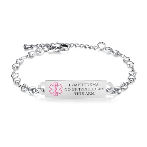 Medical Alert Bracelet for Women Heart chain Medical ID Bracelets 6.5-8 inch Adjustable (Steel,LYMPHEDEMA ALERT)