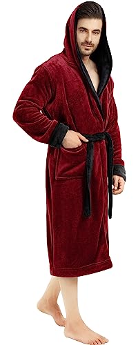 NY Threads Mens Hooded Fleece Bathrobe Plush Long Spa Robe, Large-X-Large, Burgundy Black
