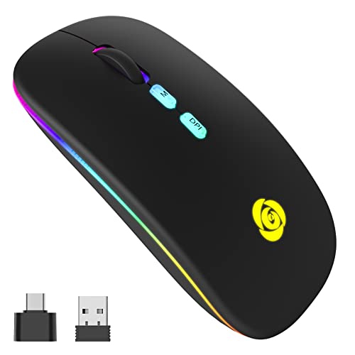 CC Store LED Wireless Bluetooth Mouse &2.4GHz Instant Connection,Rechargeable Ultra Silent Slim,3 Adjustable DPI 2 Connection Modes with USB-C to USB Adapter for Laptop/MacBook/PC/Tablet/iPad (Black)