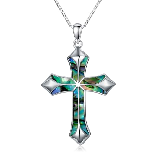 POTOPYY Religious Cross Necklace S925 Sterling Silver Abalone Shell Cross Necklace Pendant Jewelry for Women Faith Cross Gifts for Women Men Girls Mom Valentine Christmas Birthday Mothers Day