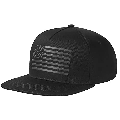 UALON Baseball Cap, Snapback Trucker Hat for Men & Women with American Flag and Adjustable, Breathable Mesh, Flat Bill Hats Black
