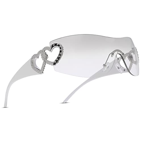 Pro Acme Wrap Around Rimless Sunglasses for Women Men Oversized Fashion Futuristic Sun Glasses Flat Top Shield 2000S Trendy (White Frame|Silver Lens)