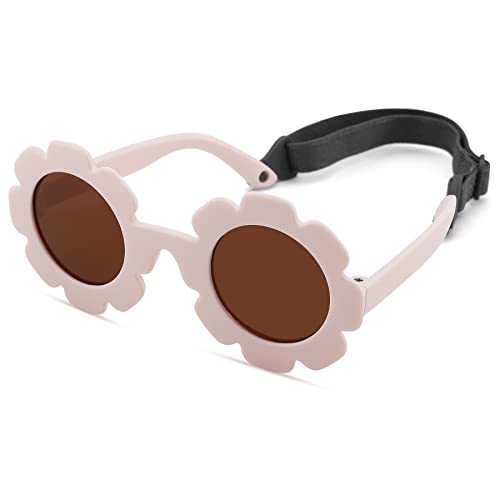 Hycredi Flexible Bendable Flower Baby Polarized Sunglasses with Strap for Newborn Infant Girls Age 0-24 Months- Beige White/Brown