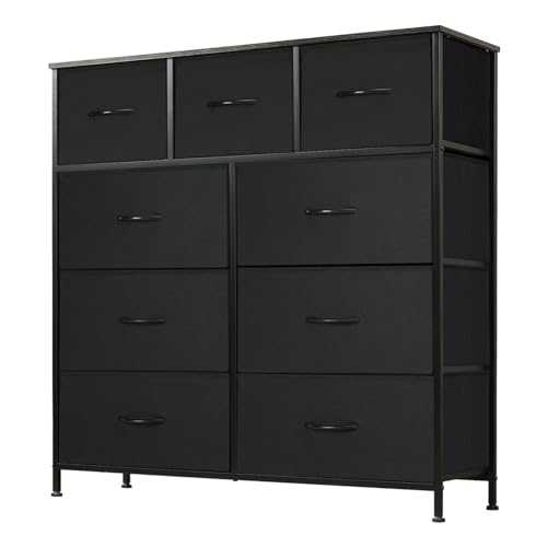 DUMOS Dresser for Bedroom with 9 Drawers, Clothes Drawer Fabric Closet Organizer, Cloth Dresser with Metal Frame and Wood Tabletop Chest Storage Tower for Kids Room, Nursery, Living Room, Entryway…