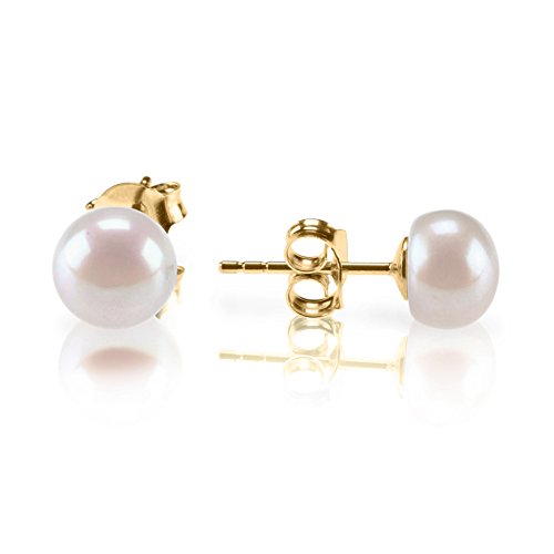 PAVOI Womens Yellow Gold Sterling Silver Freshwater Cultured Stud Pearl Earrings
