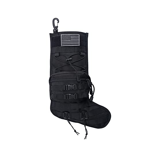 Speed Track Tactical Christmas Stocking, with Flag Patch MOLLE Webbing, Zip Pocket, MOLLE Clips, Gift for Veterans Military Patriotic and Outdoorsy People, Urban Black