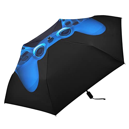 Oyihfvs Video Game Joystick Gamepad in Blue Neon Lights Isolated on Black Parasol Folding Umbrella, Reinforced Windproof Waterproof, Portable Compact Anti-UV Sun Rain Protection for Travel Outdoor