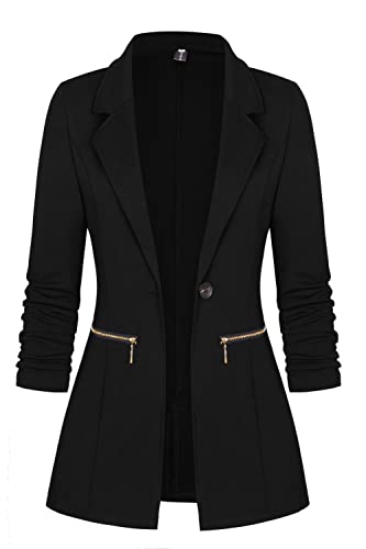 Genhoo Women's Long Stretchy Sleeve Open Front Lightweight Work Office Blazer Jacket Black L
