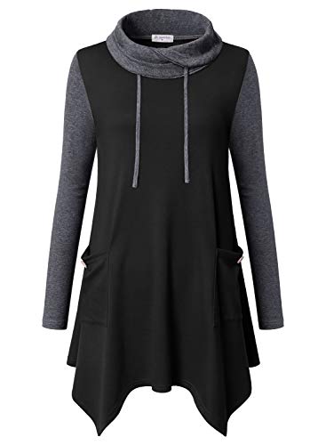 Bulotus Women's Cowl Neck Tunic Sweatshirts Long Sleeve Winter Tunic Tops to Wear with Leggings Soft Stretch Cotton Blend Pullover Black Tunics Plus Size, Black, XX-Large